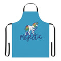 A vibrant and whimsical apron featuring a majestic unicorn and rainbow design