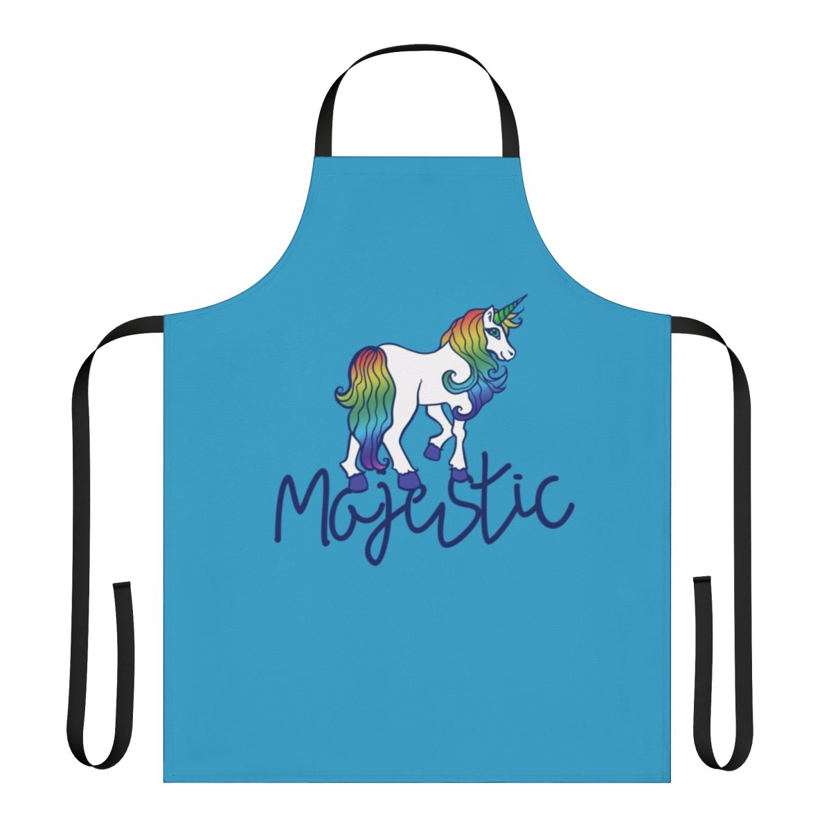 A vibrant and whimsical apron featuring a majestic unicorn and rainbow design