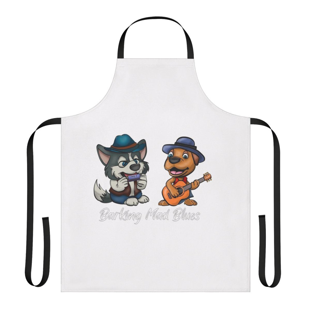 A colorful apron featuring a malamute dog playing the harmonica in a blues band style illustration.