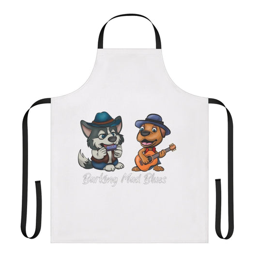 A colorful apron featuring a malamute dog playing the harmonica in a blues band style illustration.