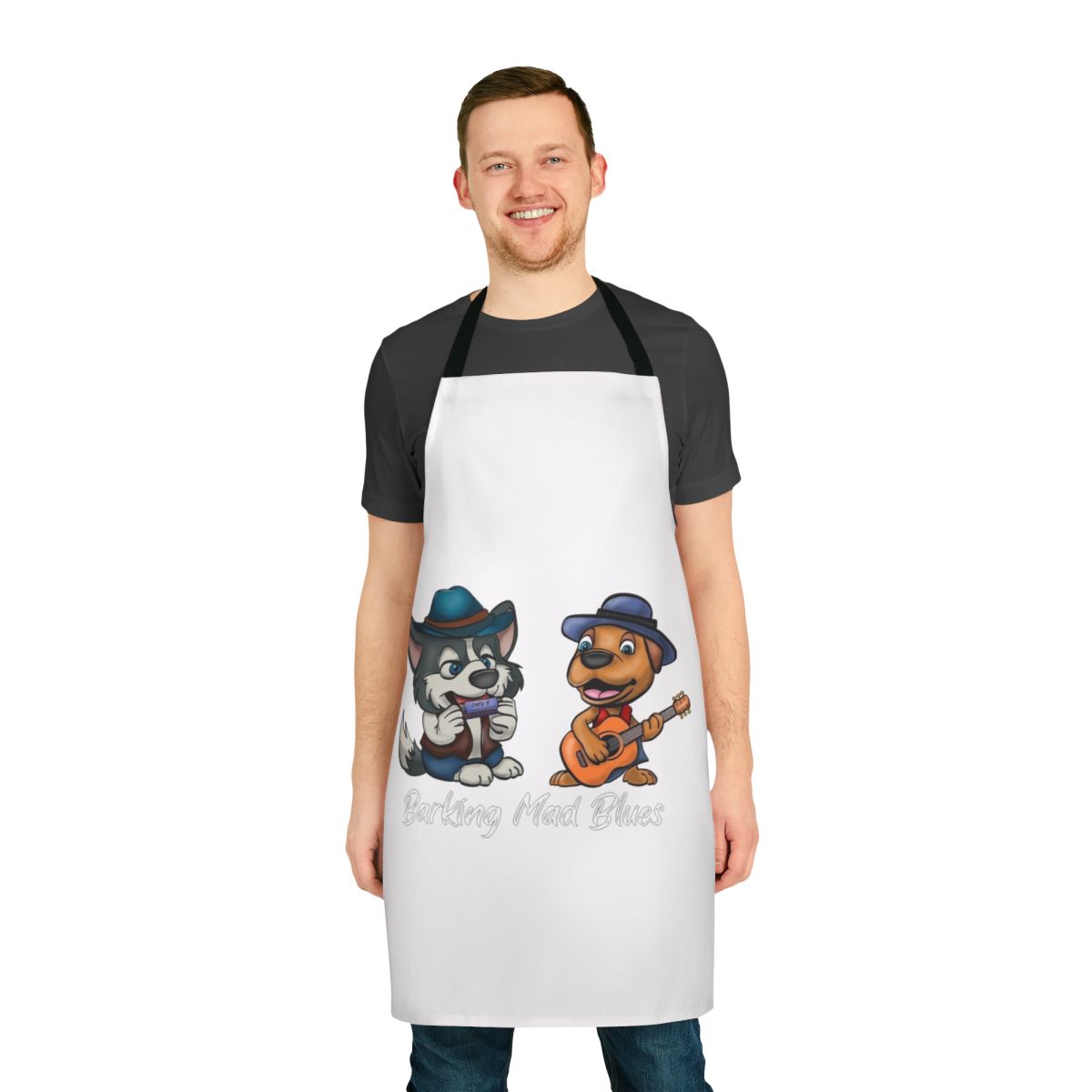 A colorful apron featuring a malamute dog playing the harmonica in a blues band style illustration.