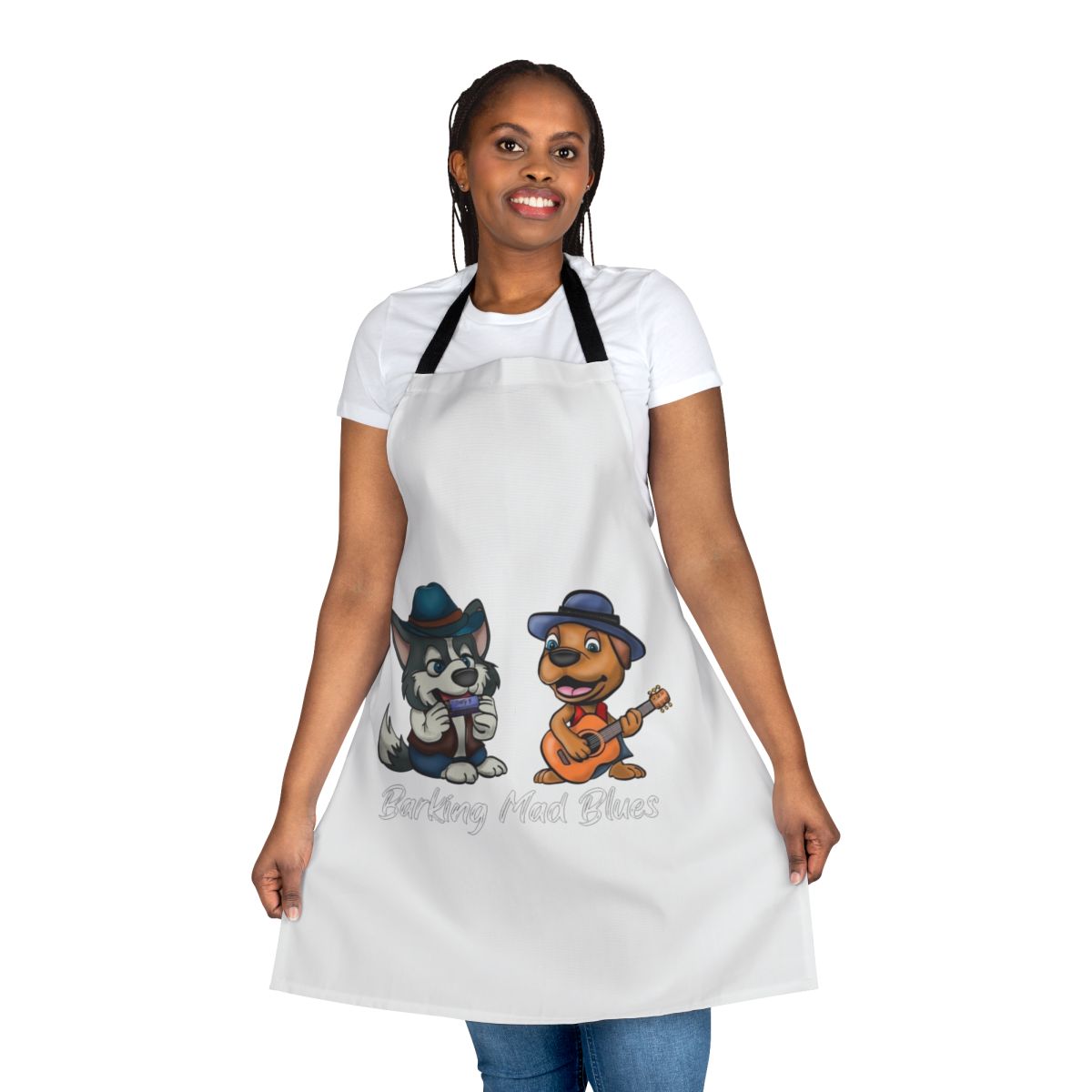 A colorful apron featuring a malamute dog playing the harmonica in a blues band style illustration.