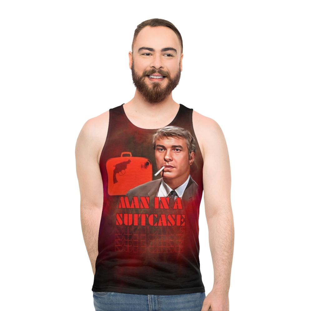 Unisex tank top with "Man in a Suitcase" graphic design