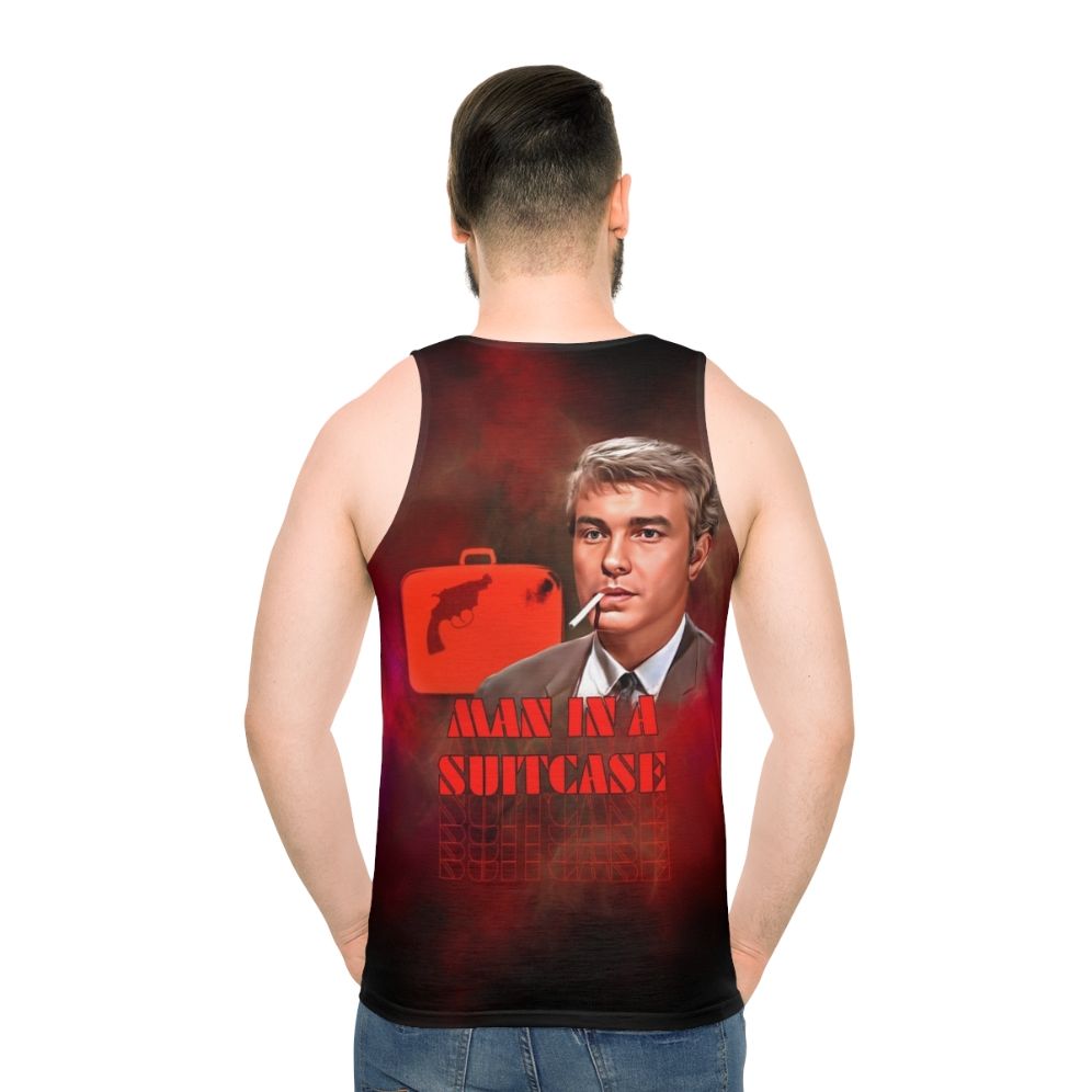 Unisex tank top with "Man in a Suitcase" graphic design