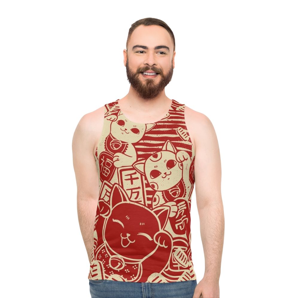 Maneki Neko inspired unisex tank top with kawaii cat design