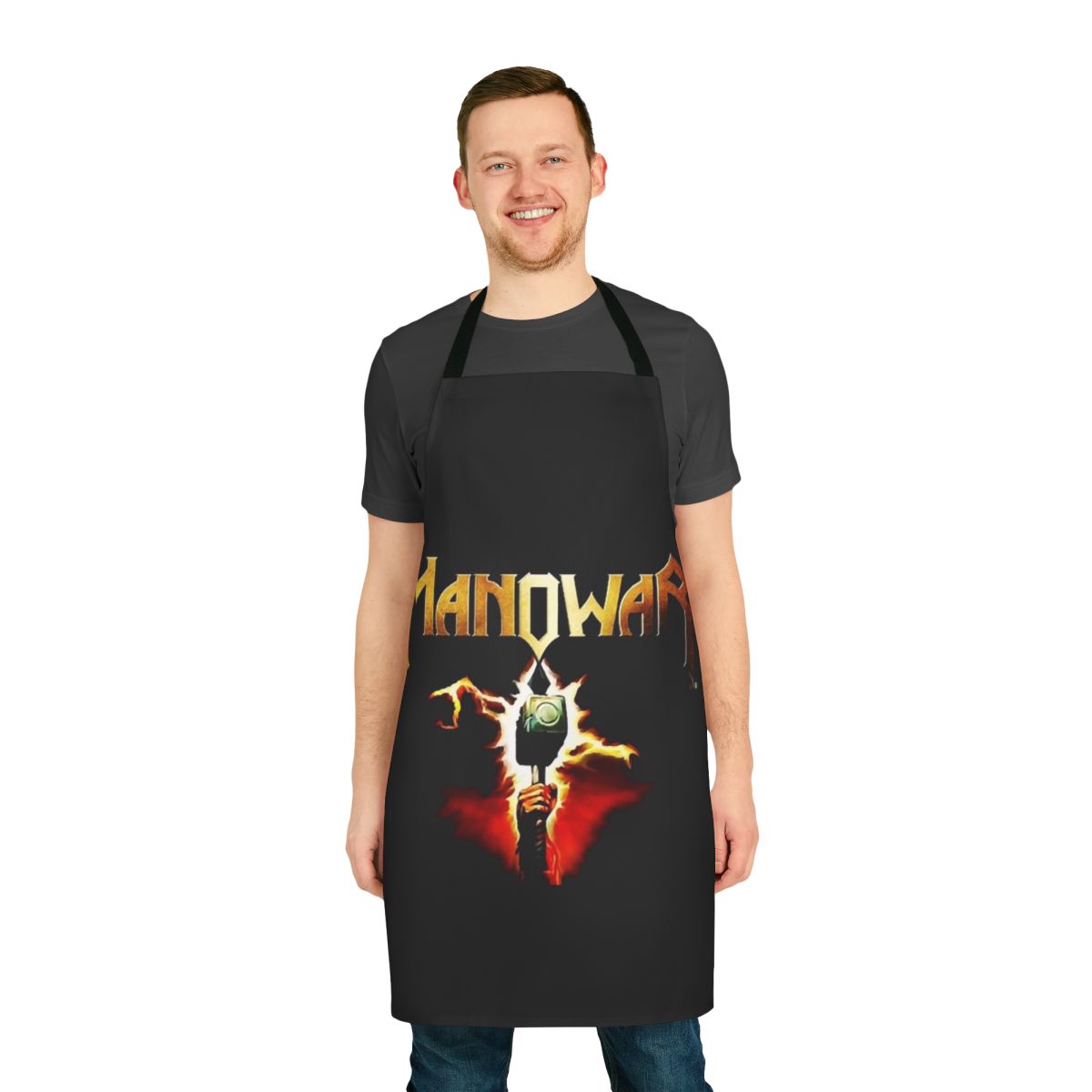 Manowar-inspired apron featuring the iconic Manowar logo and design