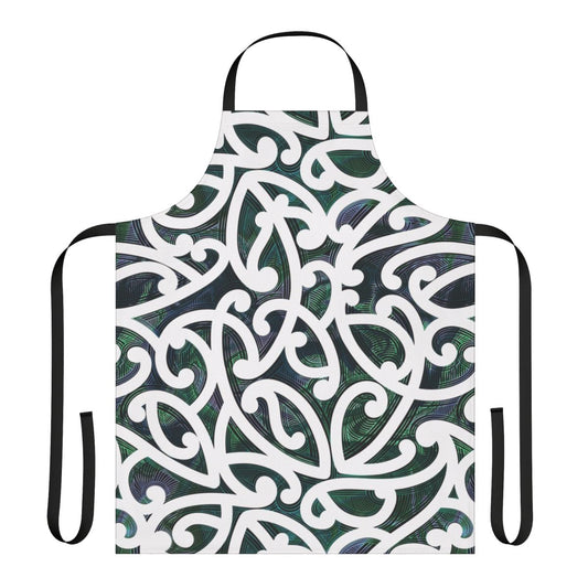 Maori-inspired paua shell design printed on durable fabric apron