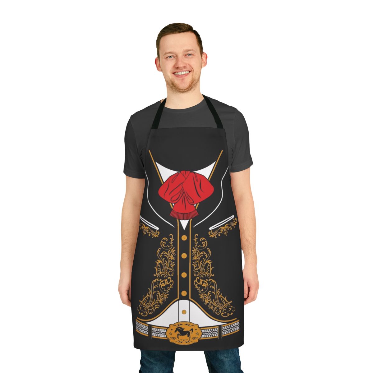 A stylish apron featuring a mariachi-inspired charro costume design.