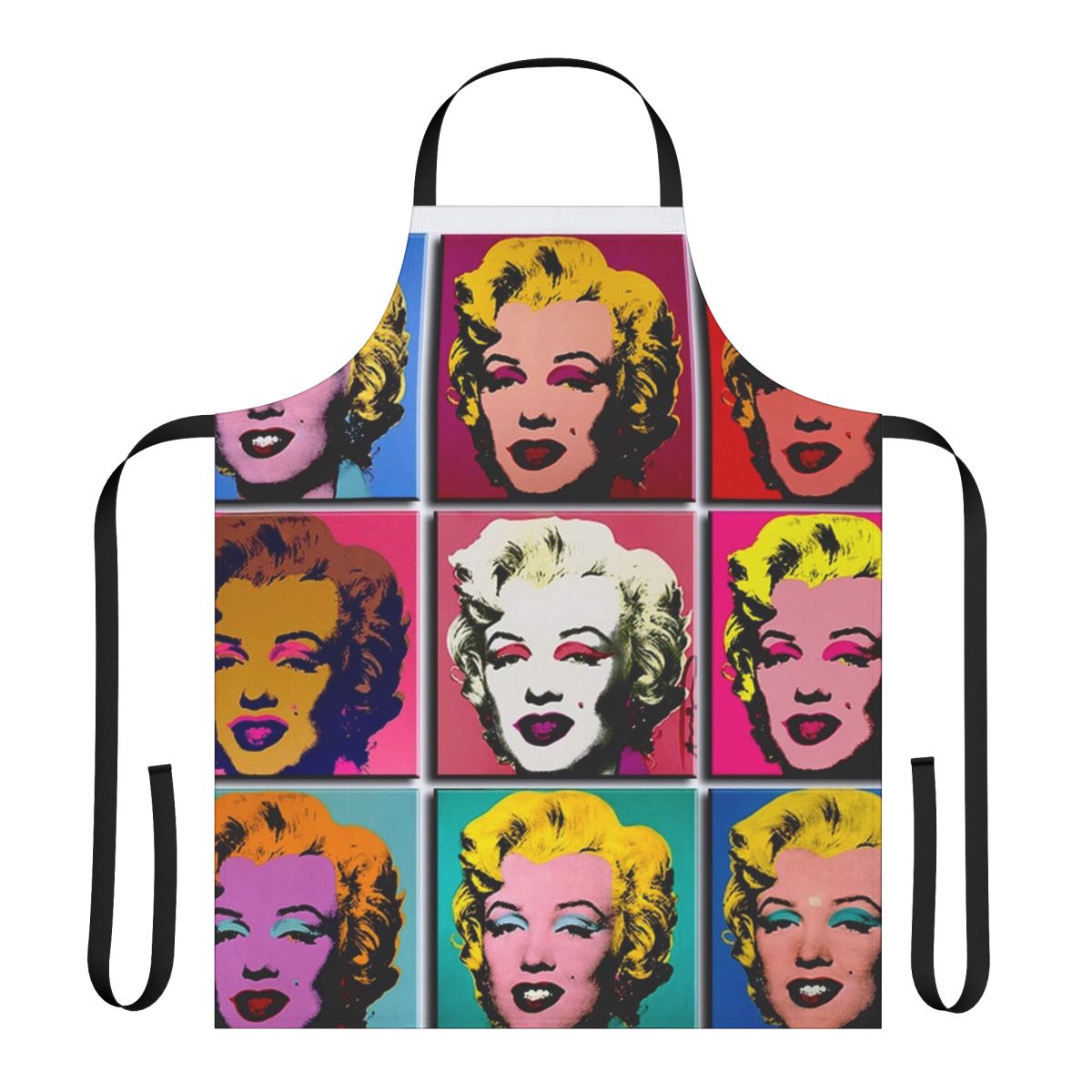 Vibrant abstract art deco style apron featuring a collage of Marilyn Monroe imagery