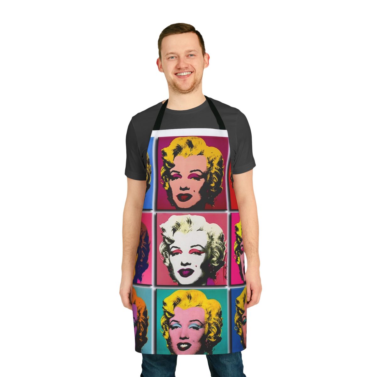 Vibrant abstract art deco style apron featuring a collage of Marilyn Monroe imagery