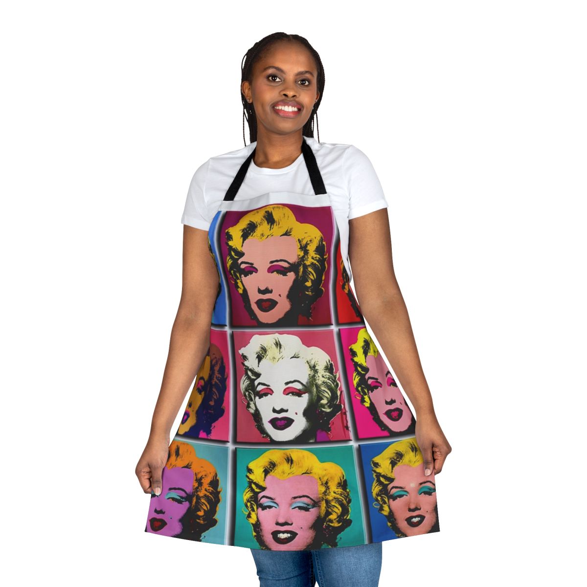 Vibrant abstract art deco style apron featuring a collage of Marilyn Monroe imagery