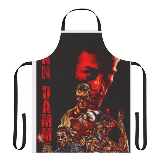 Martial arts inspired apron featuring a graphic design of Jean Claude Van Damme, the iconic action movie star.
