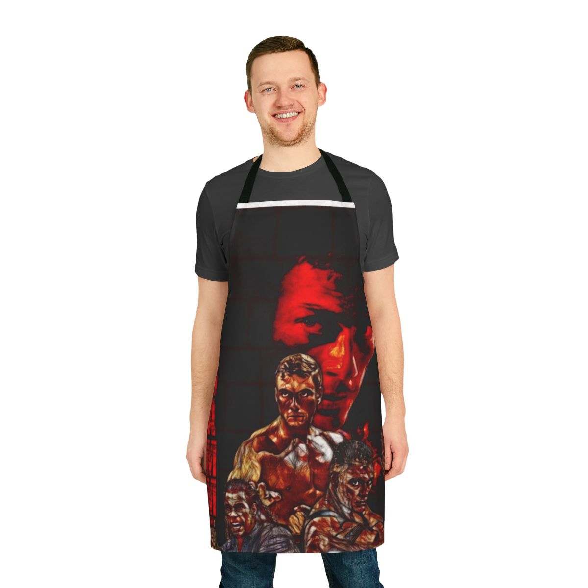 Martial arts inspired apron featuring a graphic design of Jean Claude Van Damme, the iconic action movie star.