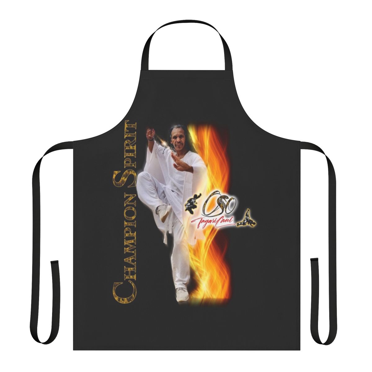 Martial arts inspired apron with a design featuring Oso Tayari Casel, a spiritual warrior symbol