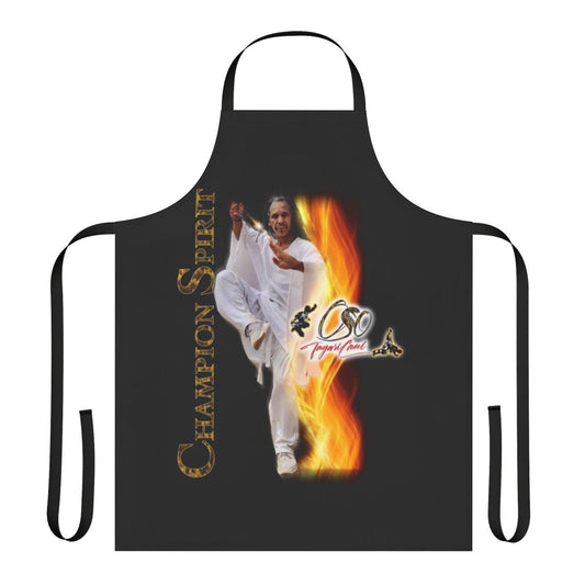 Martial arts inspired apron with a design featuring Oso Tayari Casel, a spiritual warrior symbol