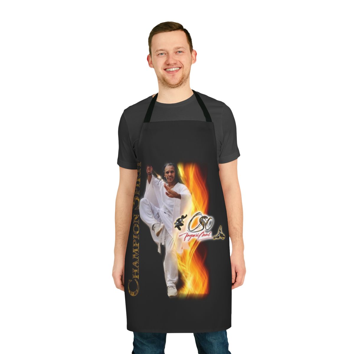 Martial arts inspired apron with a design featuring Oso Tayari Casel, a spiritual warrior symbol