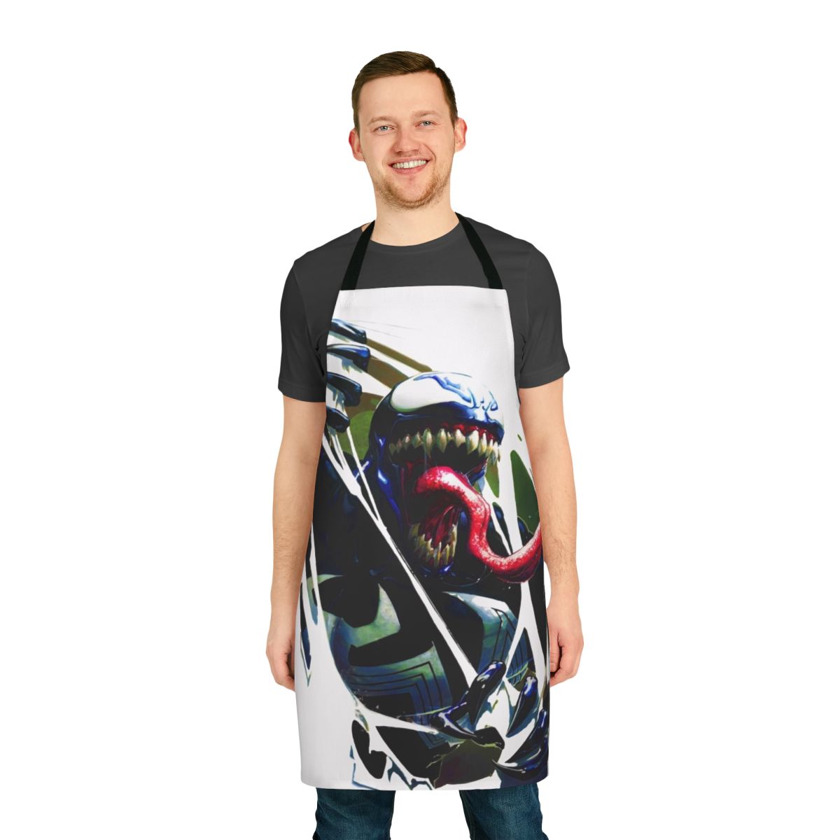 An apron with a stylized design featuring Venom and Carnage, two iconic Marvel Comics supervillains.