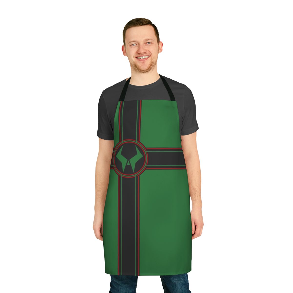 Latveria flag-themed kitchen apron with Marvel comic book character designs