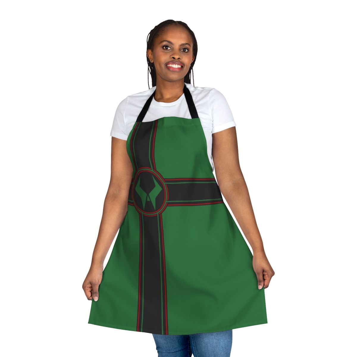 Latveria flag-themed kitchen apron with Marvel comic book character designs