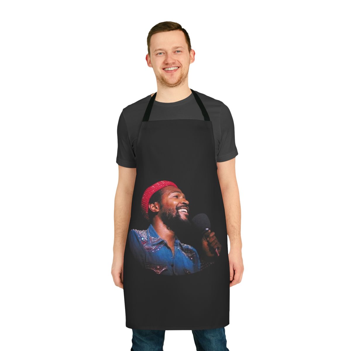 Marvin Gaye inspired soul music cooking apron with retro Motown-style design