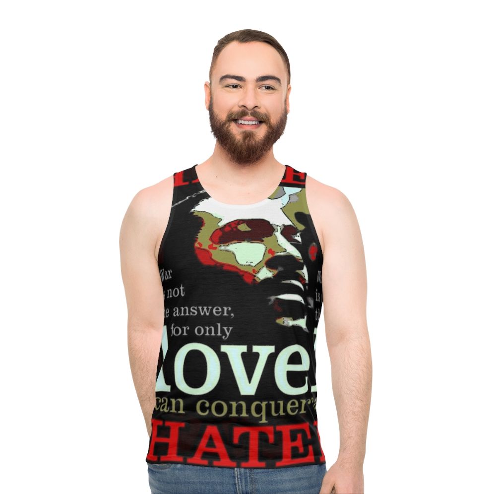 Marvin Gaye inspired unisex tank top with "Love Conquers Hate" graphic
