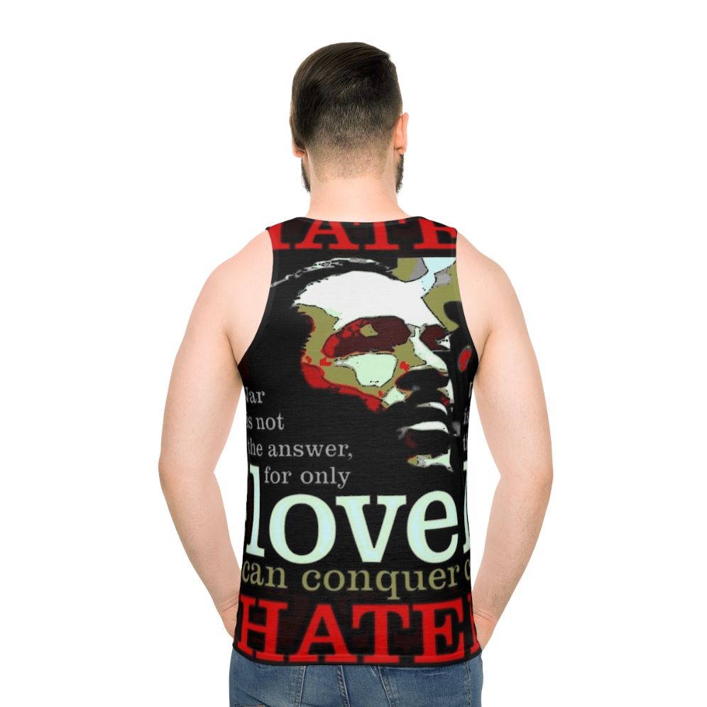 Marvin Gaye inspired unisex tank top with "Love Conquers Hate" graphic