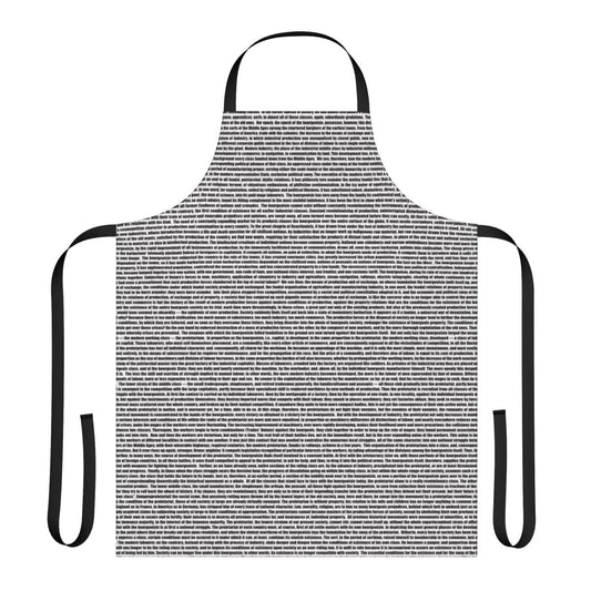 Red and black apron featuring the communist manifesto and symbols of Marxism