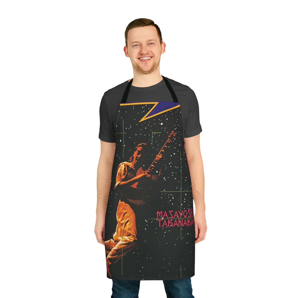 Masayoshi Takanaka's 1980 "Finger Dancin" fusion jazz funk vinyl record album cover design printed on a high-quality apron.