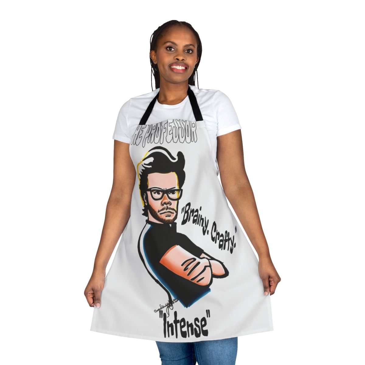 Stylish money heist-themed apron featuring the Professor character