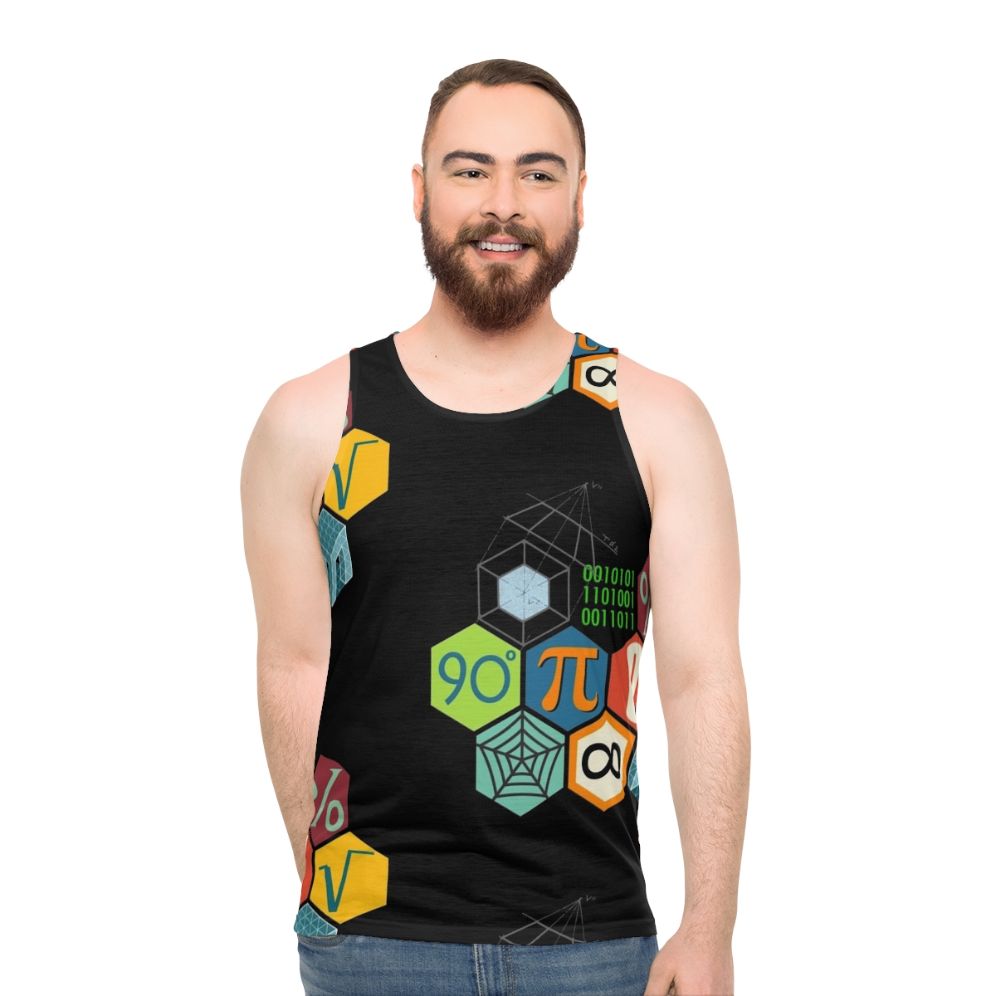 Unisex math-themed tank top with geometric designs