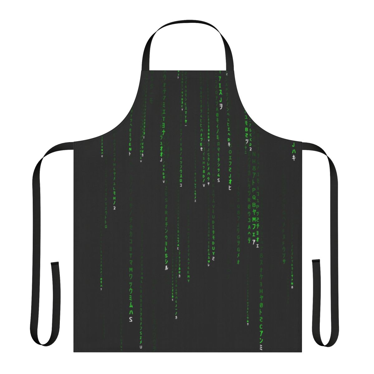 Matrix-inspired green apron with stylized matrix code design