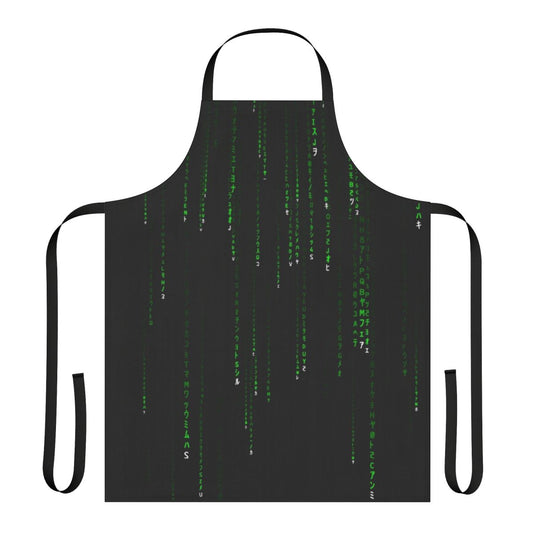 Matrix-inspired green apron with stylized matrix code design