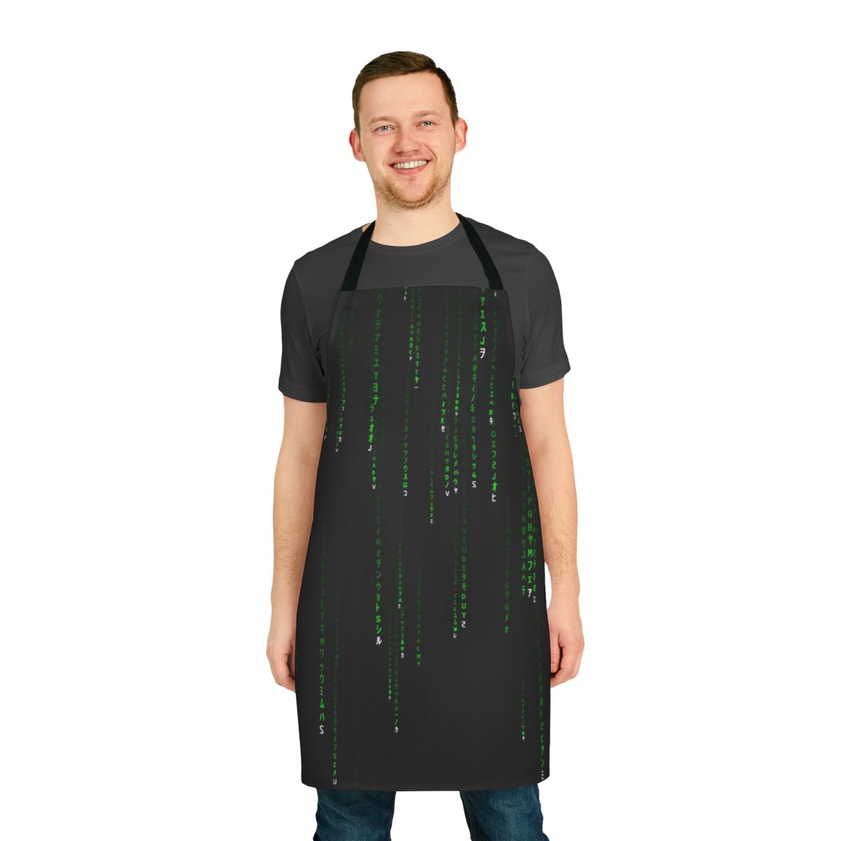 Matrix-inspired green apron with stylized matrix code design