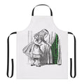 Matrix-inspired apron with Alice character and philosophical motifs