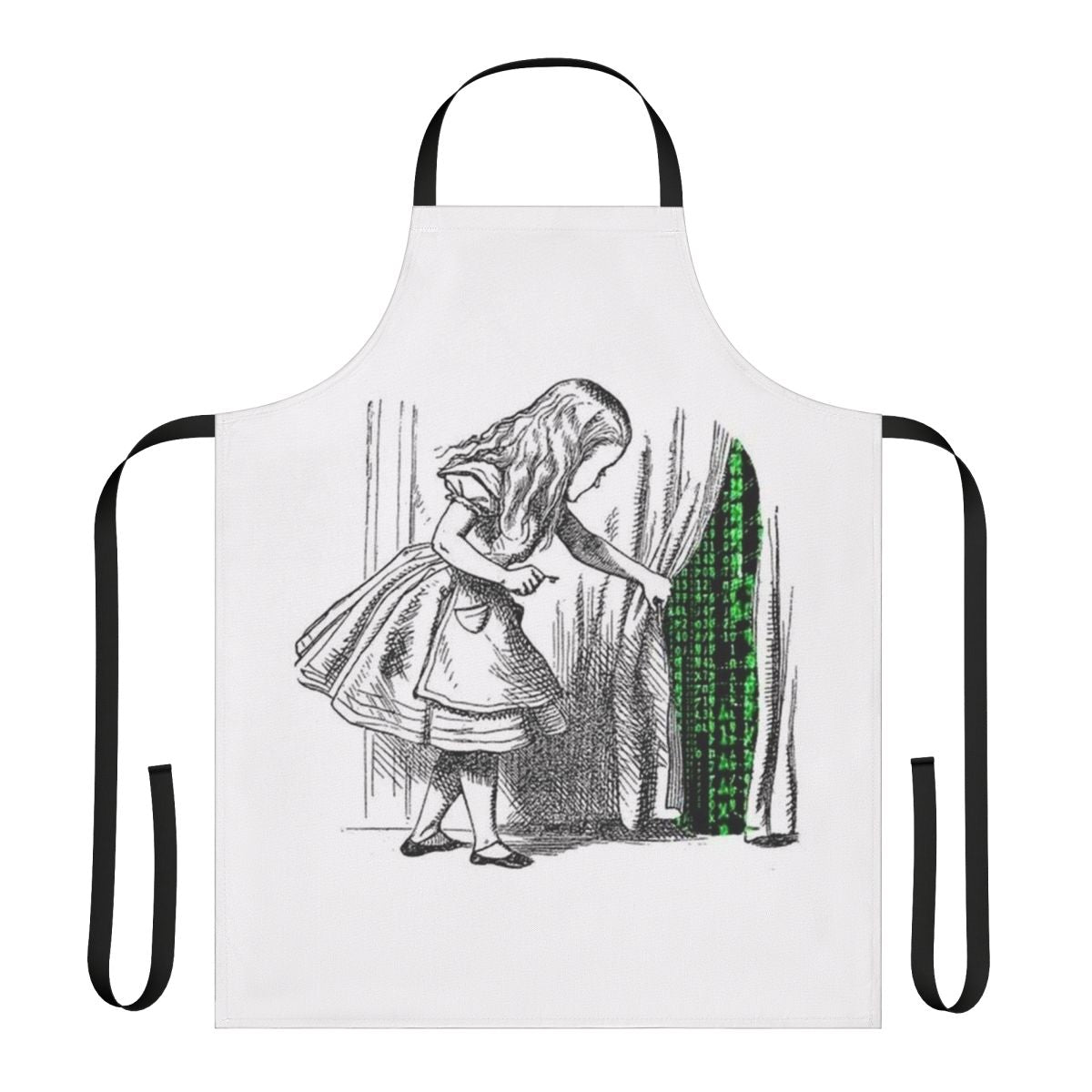 Matrix-inspired apron with Alice character and philosophical motifs