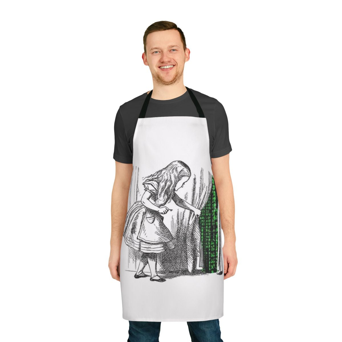 Matrix-inspired apron with Alice character and philosophical motifs