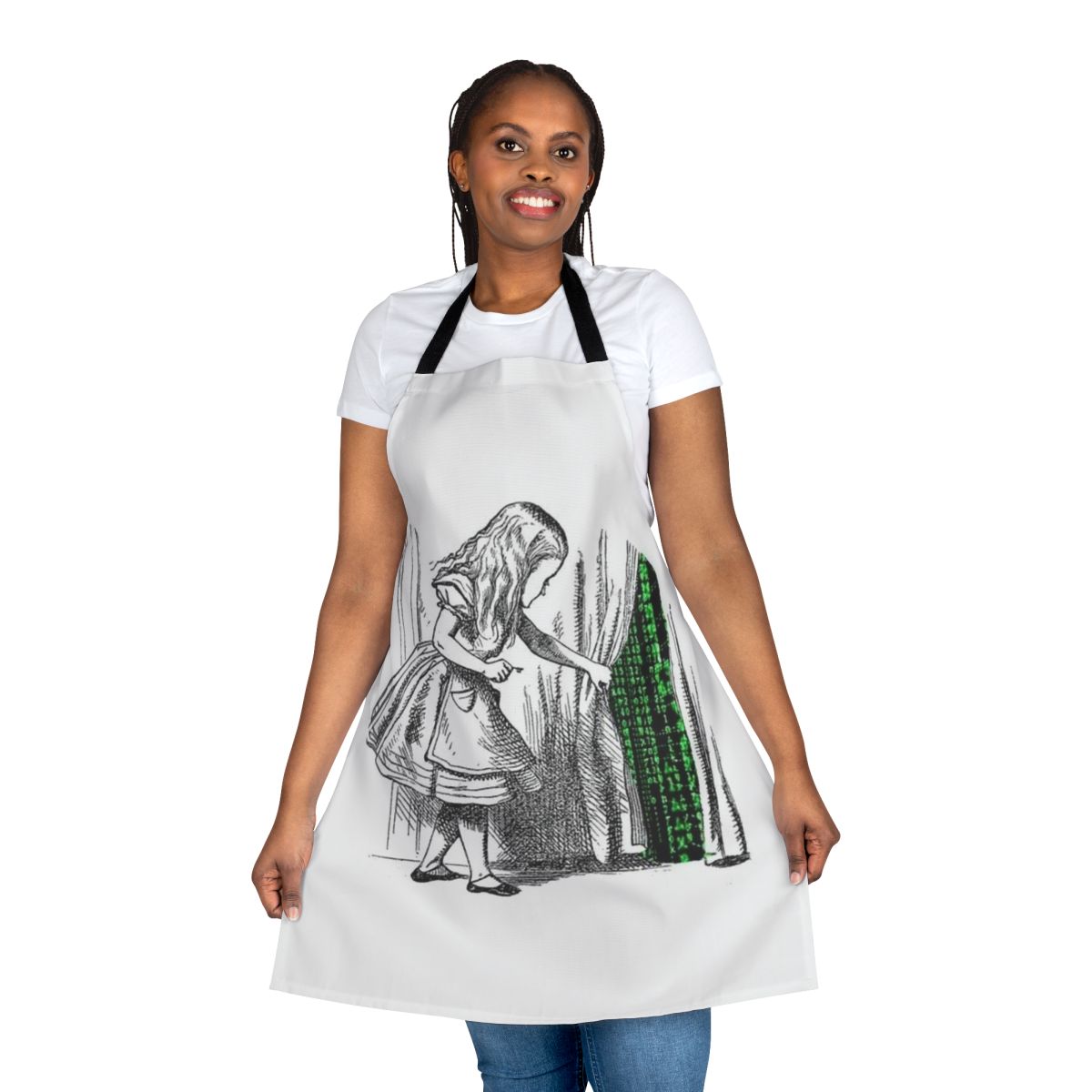 Matrix-inspired apron with Alice character and philosophical motifs