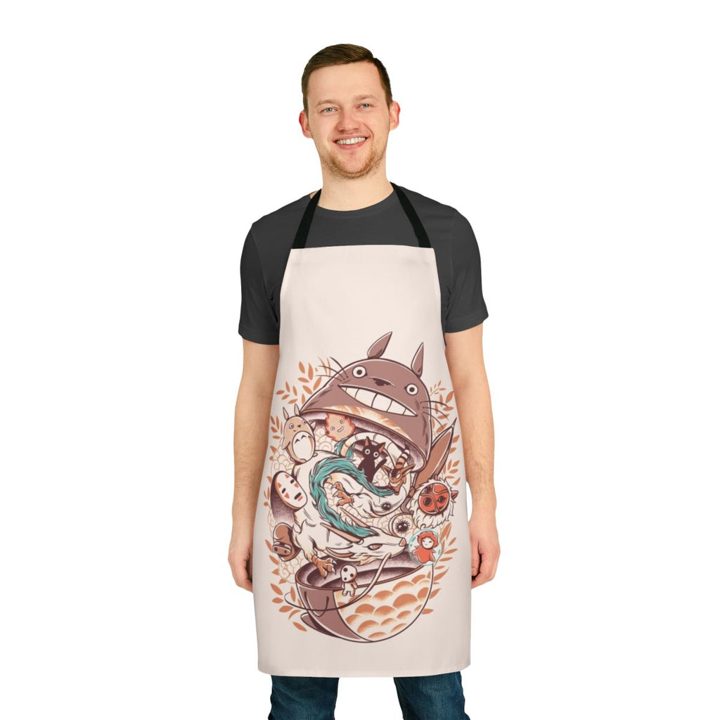 Matryoshka-inspired apron featuring colorful, whimsical anime-style artwork