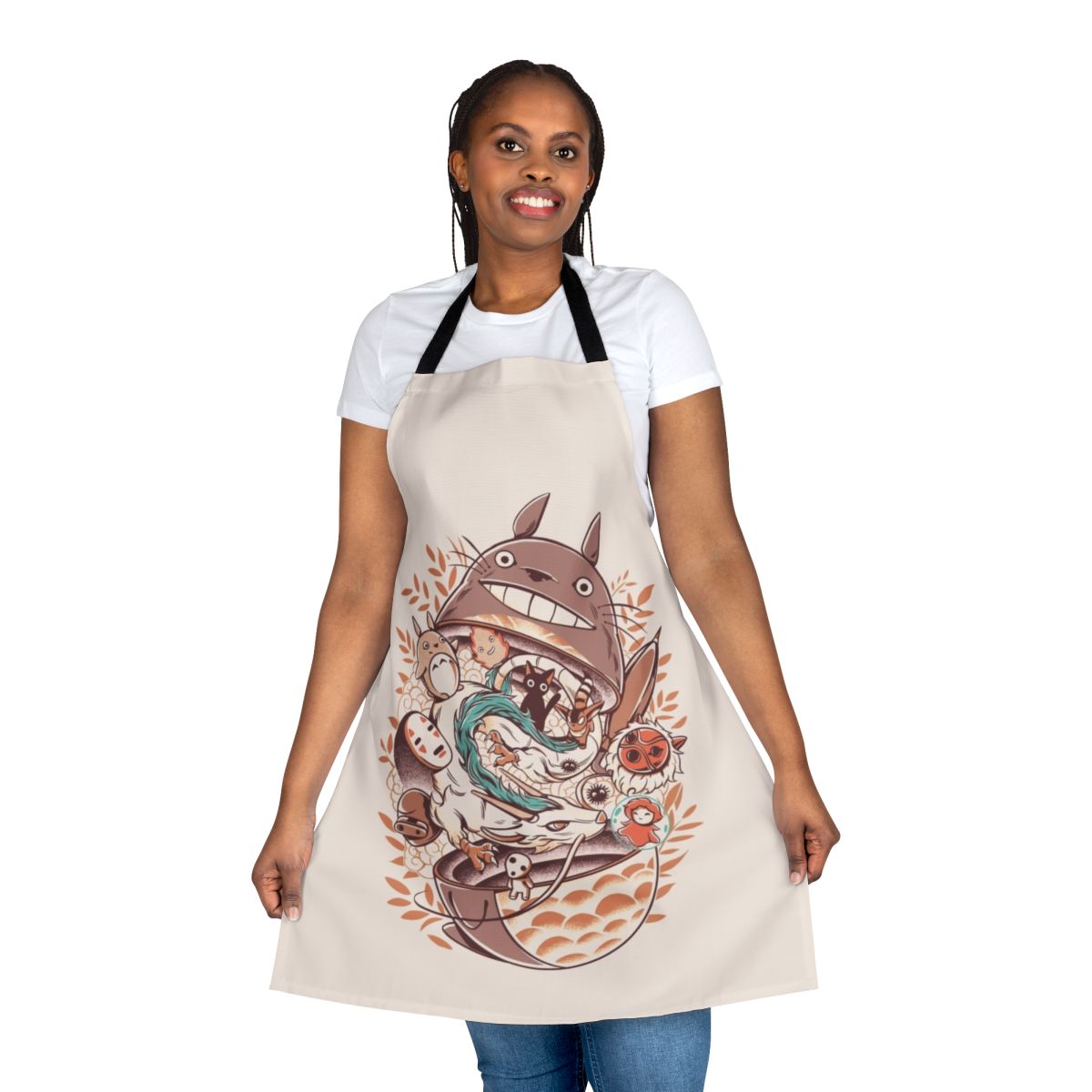 Matryoshka-inspired apron featuring colorful, whimsical anime-style artwork