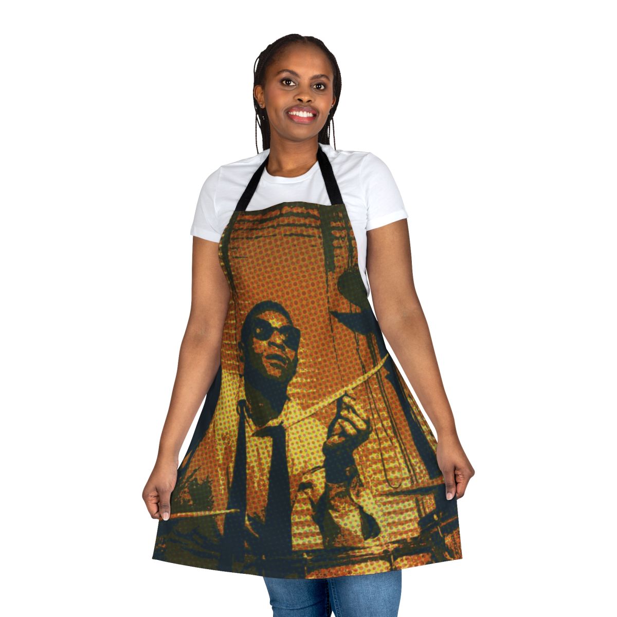 High-quality apron featuring a portrait of renowned jazz drummer Max Roach