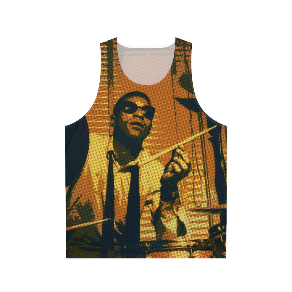 Max Roach, the legendary jazz drummer, in a stylish portrait design on a unisex tank top