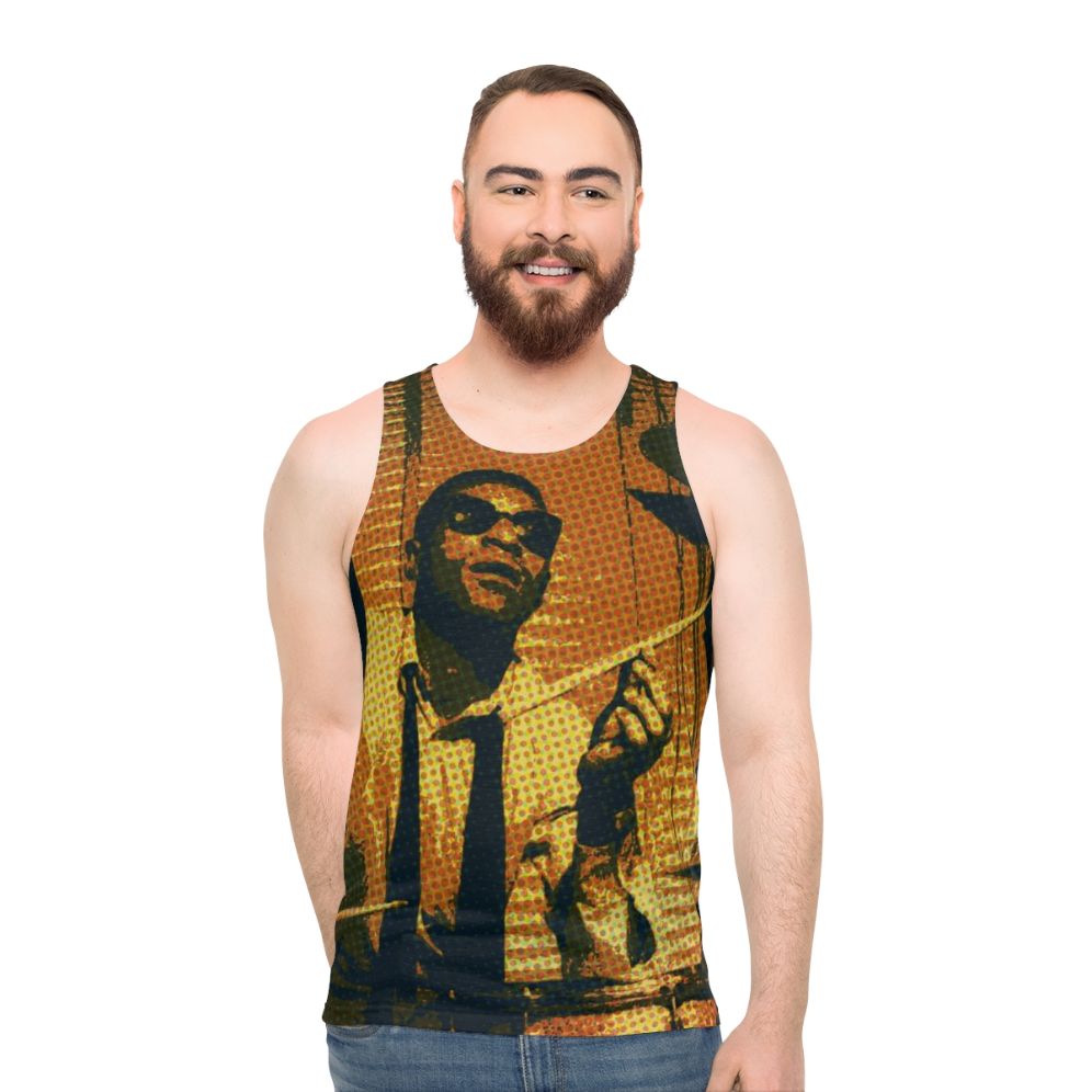 Max Roach, the legendary jazz drummer, in a stylish portrait design on a unisex tank top
