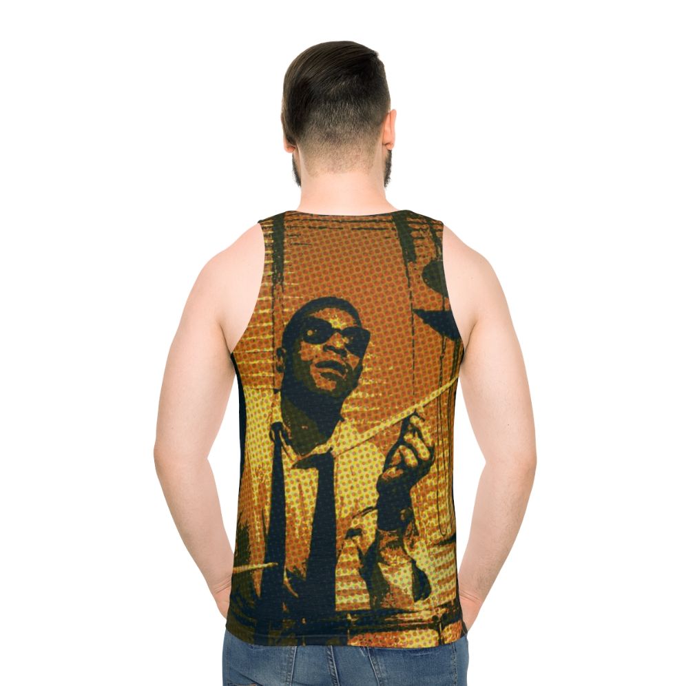 Max Roach, the legendary jazz drummer, in a stylish portrait design on a unisex tank top