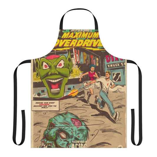 "Maximum Overdrive horror movie fan art apron featuring the iconic movie logo"