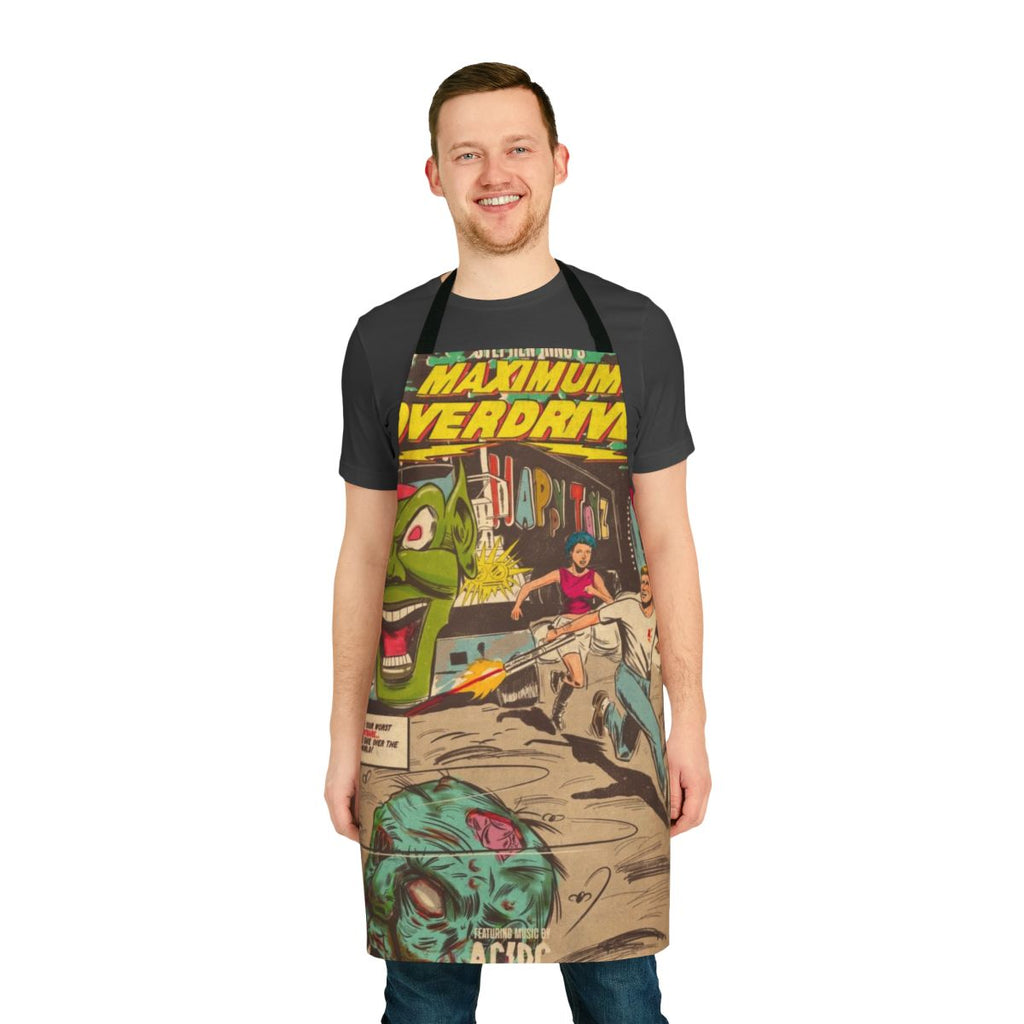"Maximum Overdrive horror movie fan art apron featuring the iconic movie logo"