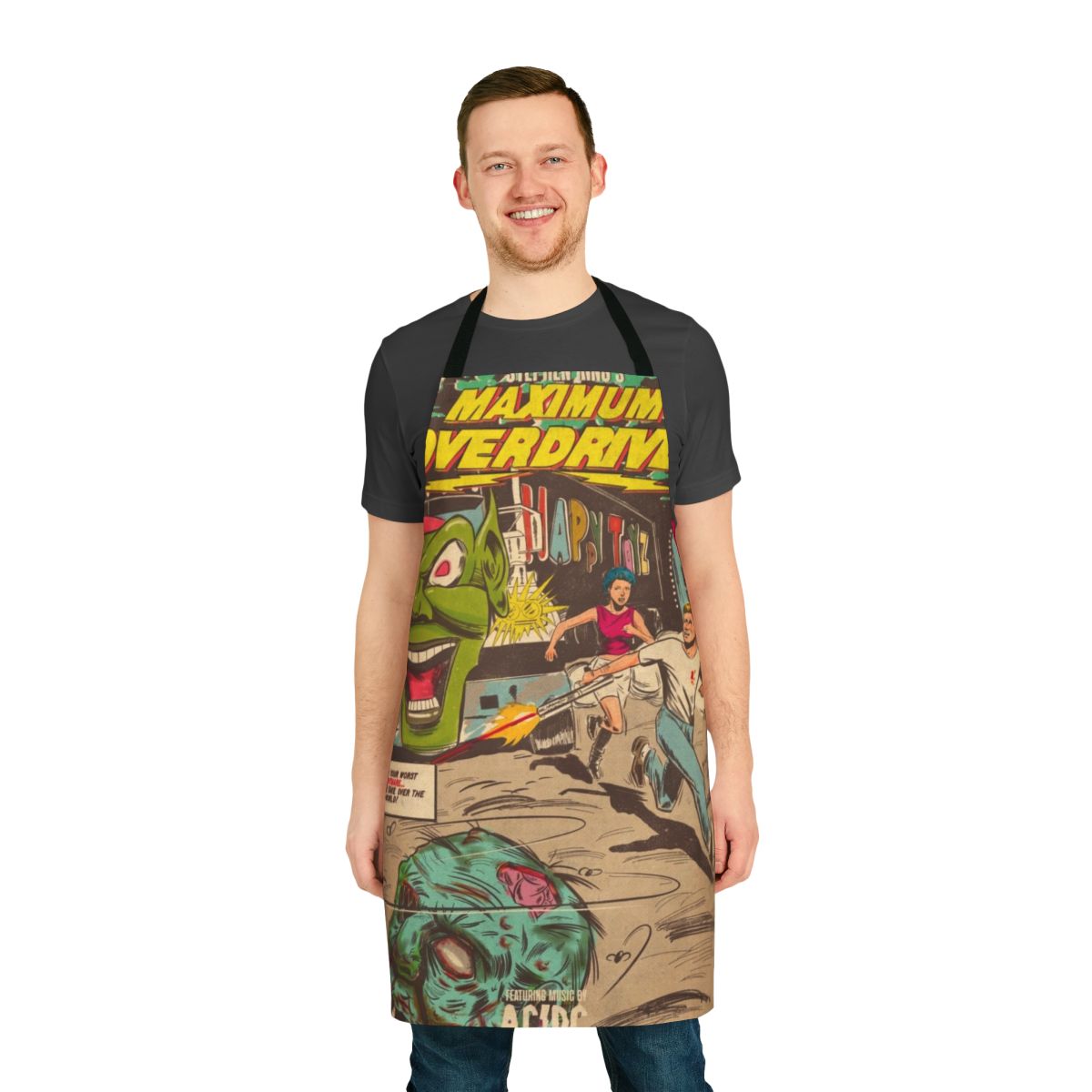 "Maximum Overdrive horror movie fan art apron featuring the iconic movie logo"