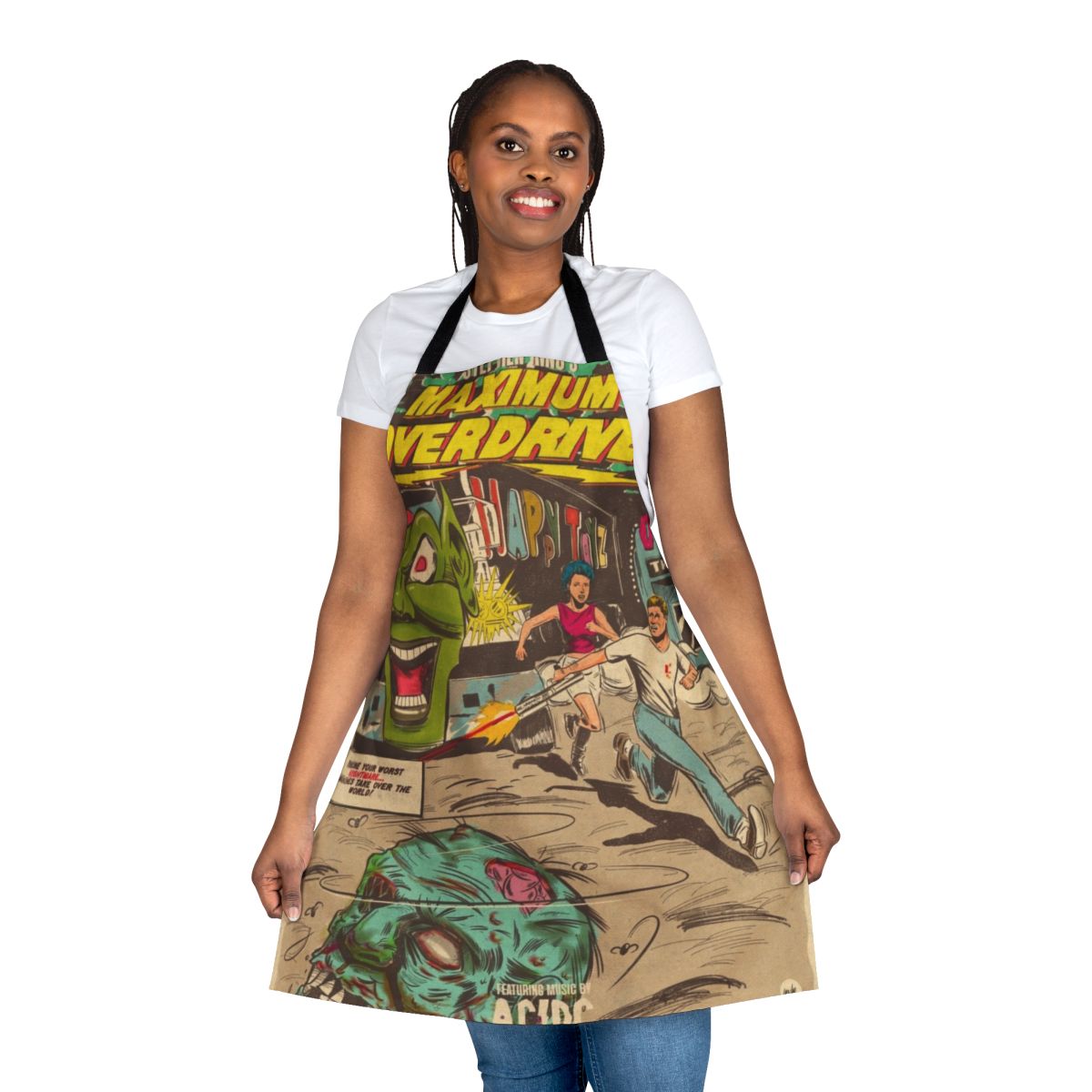 "Maximum Overdrive horror movie fan art apron featuring the iconic movie logo"