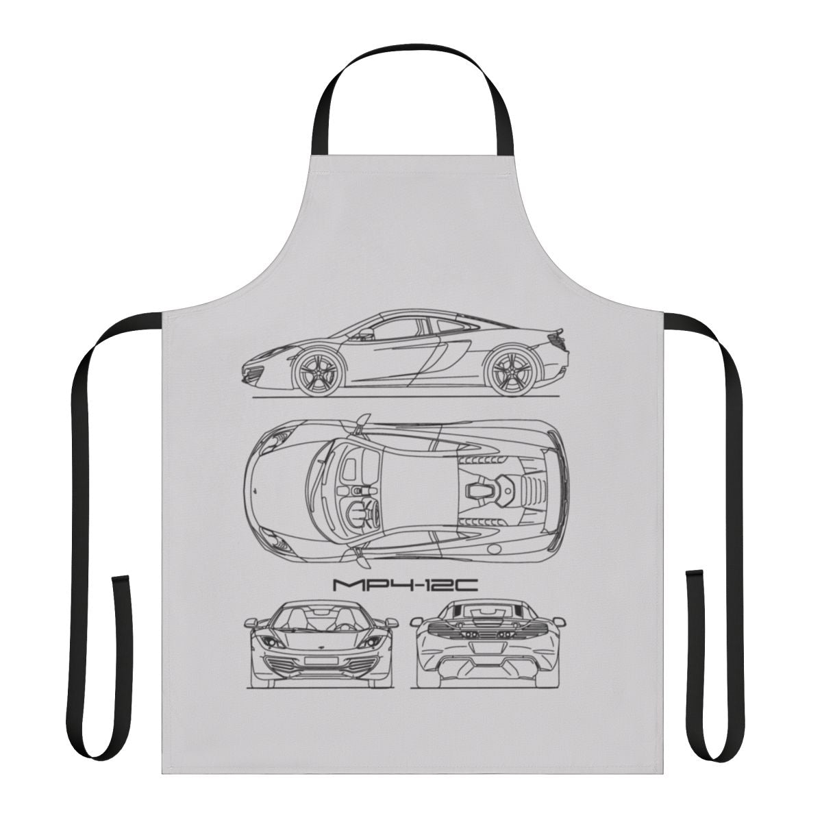 Mclaren MP4 12C blueprint design printed on a high-quality apron for automotive enthusiasts