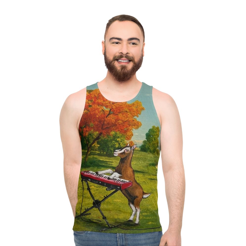 Unisex tank top with meadow landscape and keyboard graphics