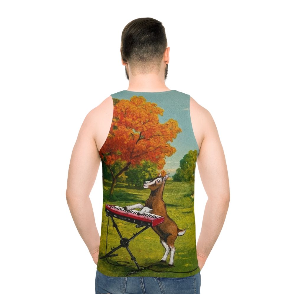 Unisex tank top with meadow landscape and keyboard graphics